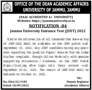 Jammu university Entrance Test 2022 Answer key
