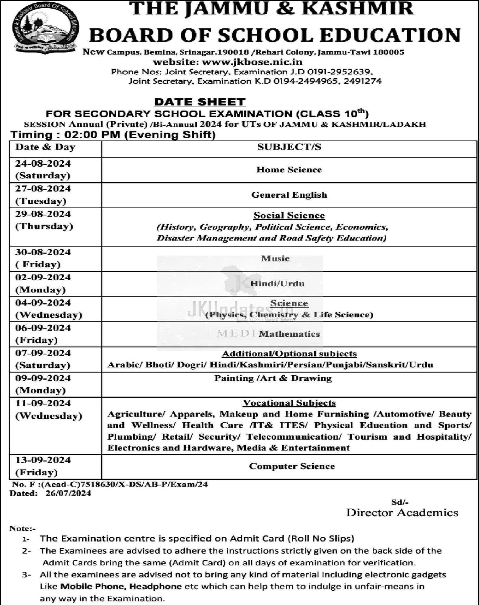 JKBOSE Datesheet for Class 10th BiAnnual 2024 JKUpdates Govt