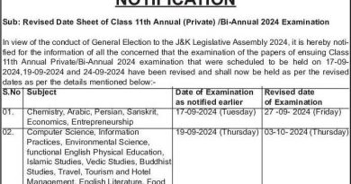 JKBOSE: Class 11th Bi-annual exams earlier scheduled on 17, 19, 24 Sep, re-scheduled