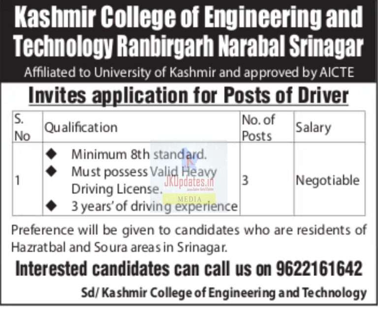 Recruitment in Kashmir College of Engineering and Technology