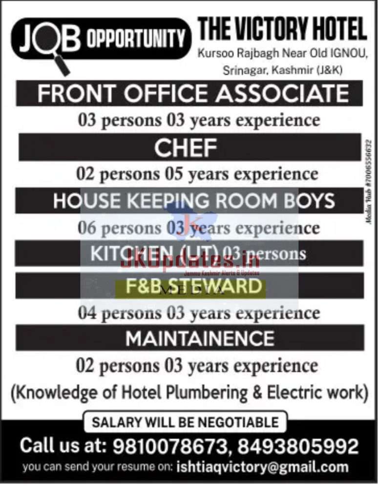 Jobs in The Victory Hotel, Srinagar JKUpdates Govt Private Jobs