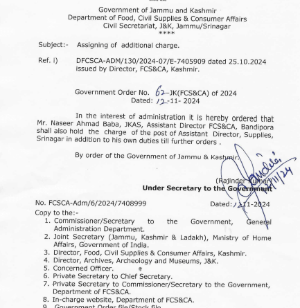 J&K Govt assigns additional charge to JKAS Officer