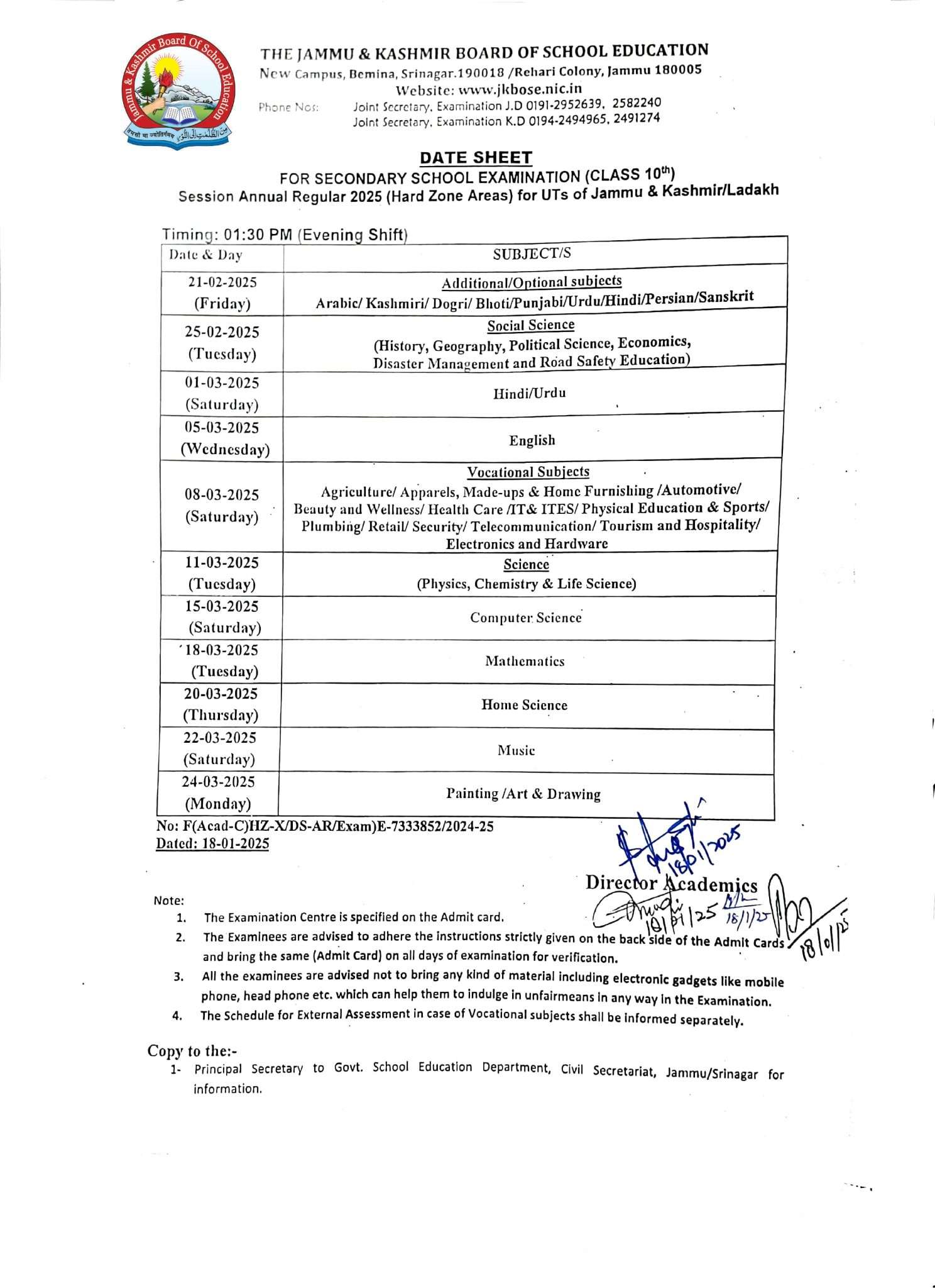 JKBOSE Class 10th Date Sheet Regular 2025 JKUpdates Govt Private