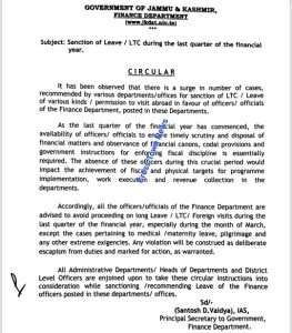 J&K Govt issues instructions on Leave/LTC