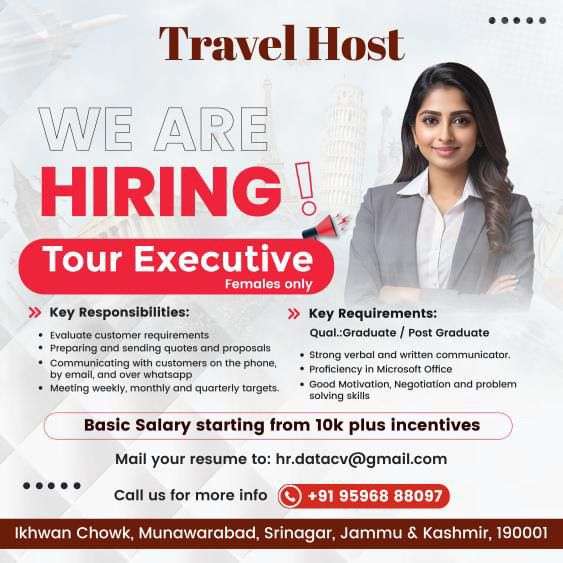 Tour Executive Recruitment In Travel Host JKUpdates Govt Private Tour Executive Recruitment In Travel Host JKUpdates Govt Private