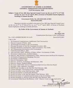 NEW: J&K government has sanctioned special leave on April 1 and 2 for Kashmir-based employees in Jammu to celebrate Eid-ul-Fitr