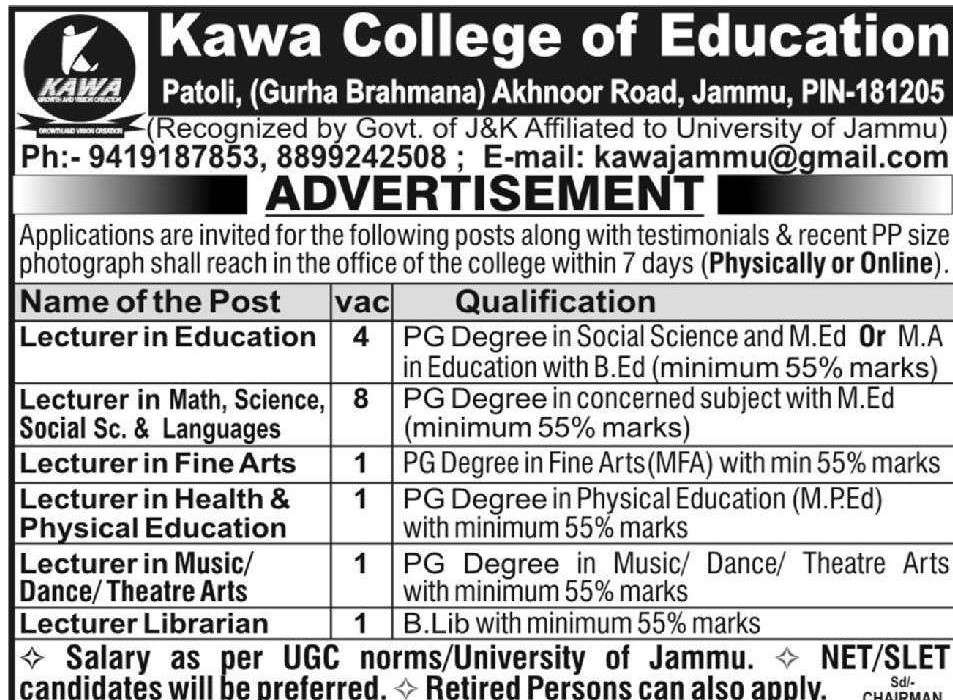 KAWA College of Education Jobs for Various Posts