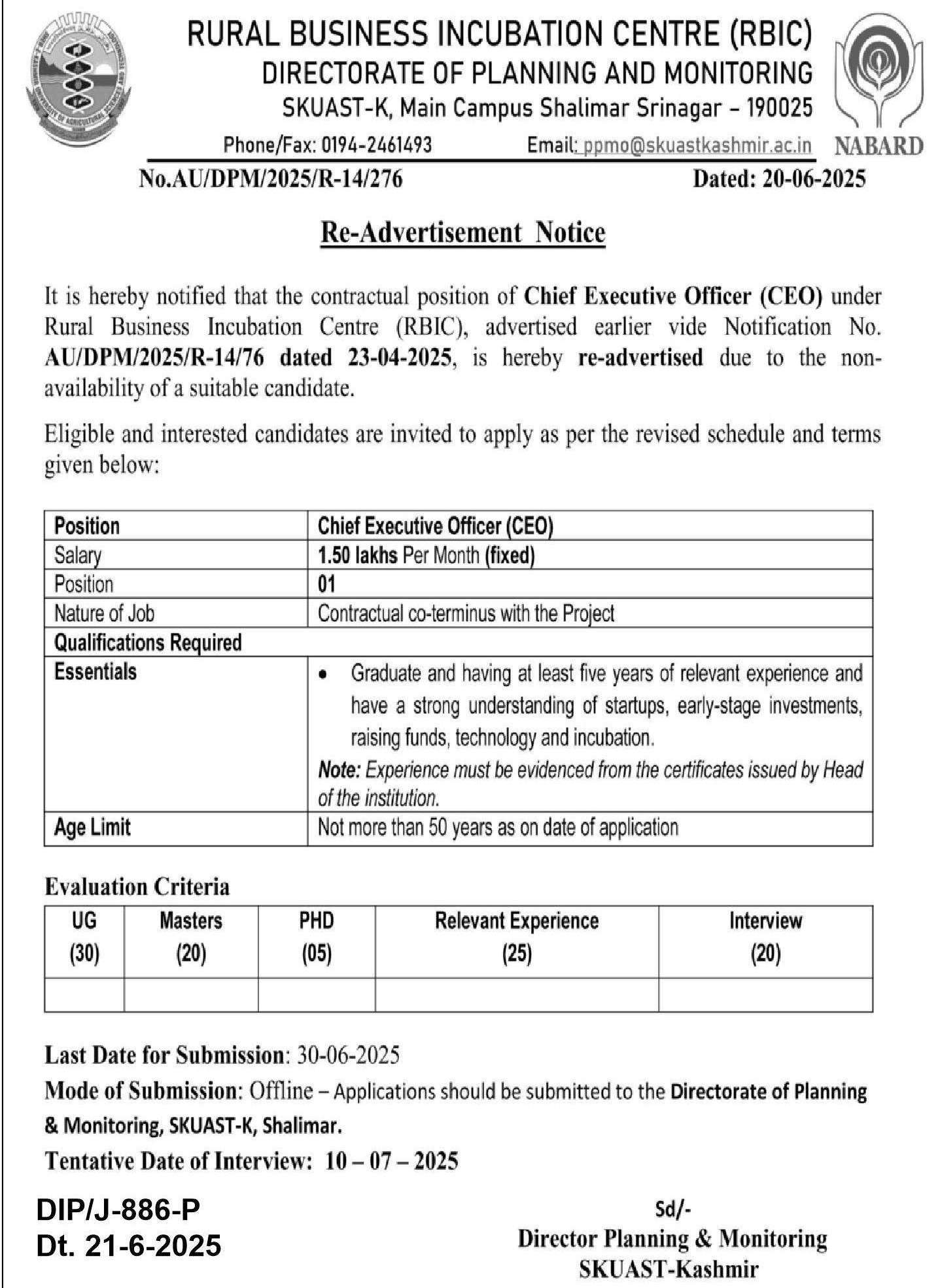DIRECTORATE OF PLANNING AND MONITORING Recruitment, Salary : 1.50Lakh PM