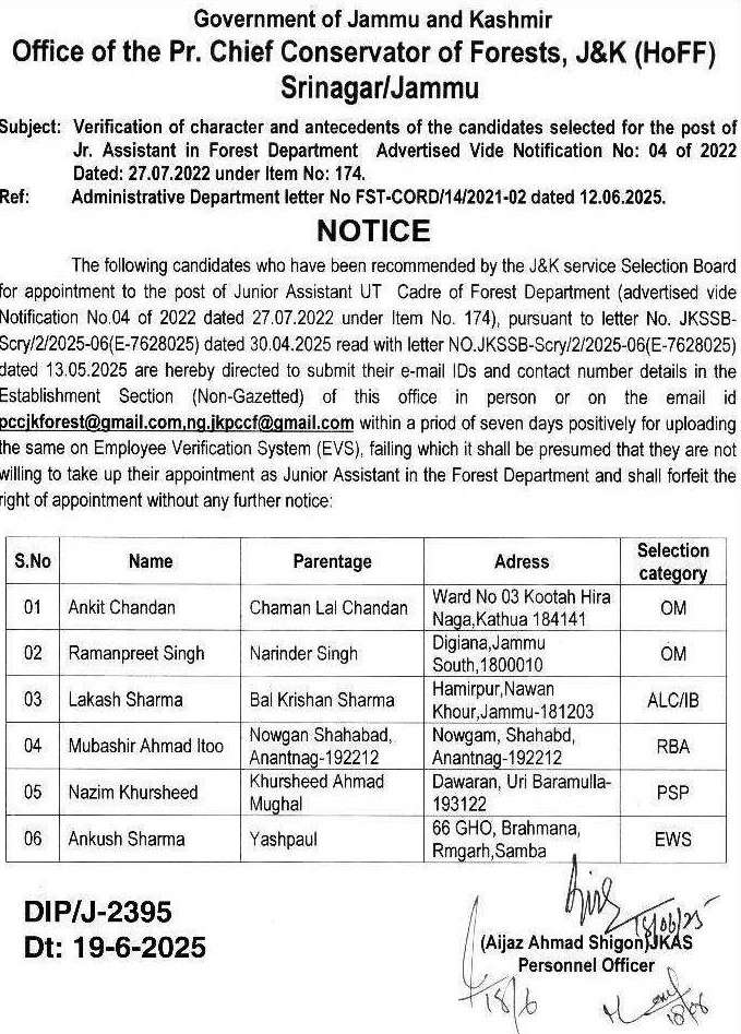 Forest Department J&K Document Verification for Jr Assistant Posts