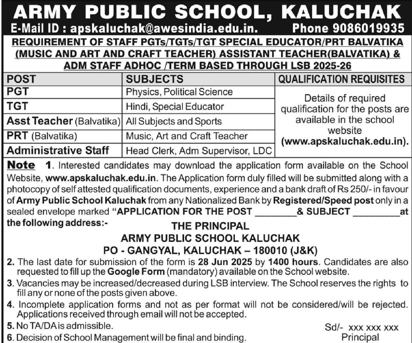 Recruitment in APS Kaluchak, Jammu