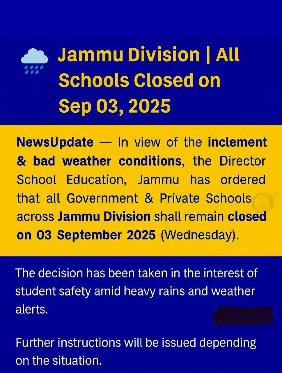 Schools Across Jammu Division Continue to Remain Closed on Sep 3