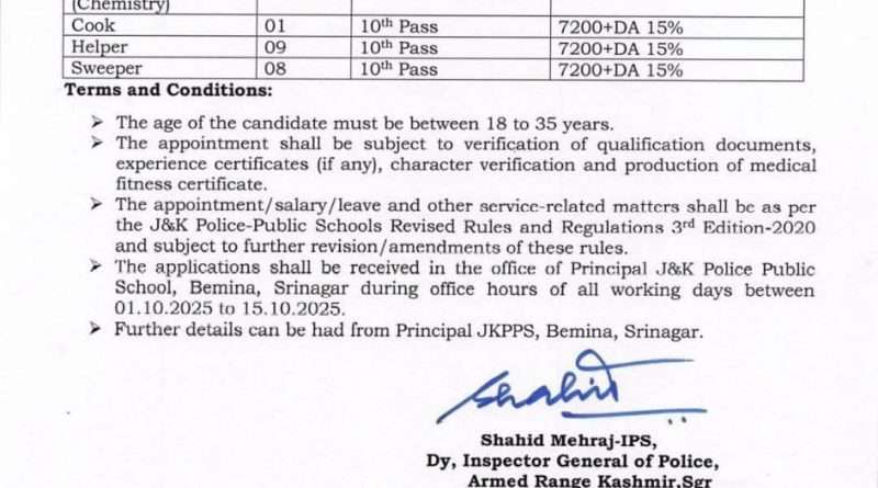 JK Police Public School Various Recruitment
