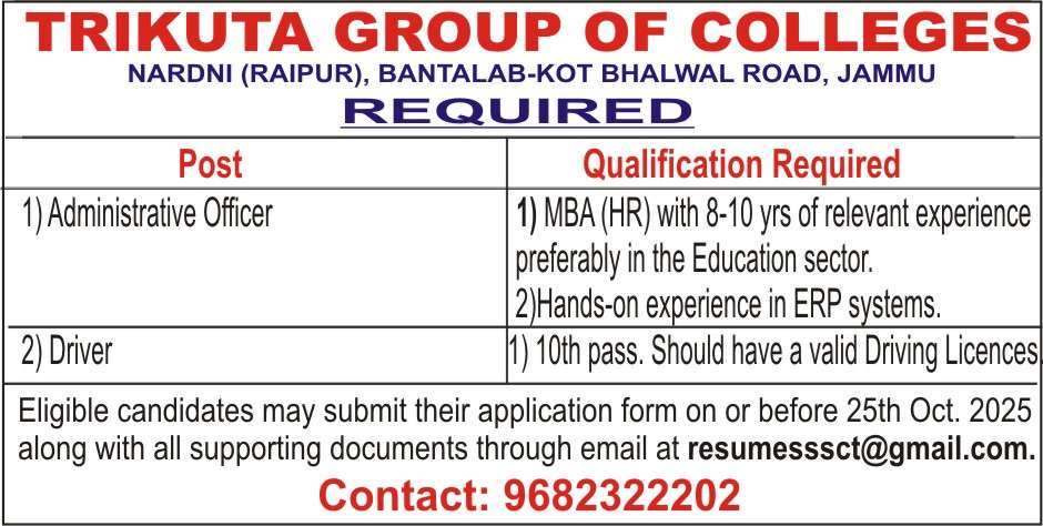 TRIKUTA GROUP OF COLLEGES Jobs Recruitment