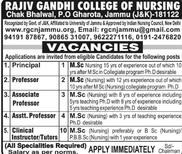 Job Recruitment in Rajiv Gandhi College of Nursing | JKUpdates - Govt ...