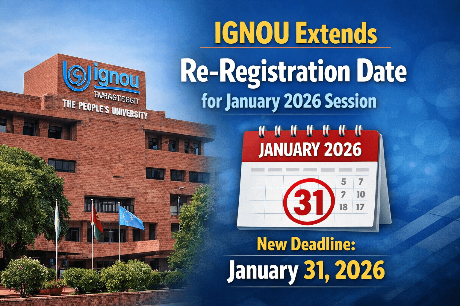 IGNOU Extends January 2026 Re-Registration Deadline to January 31