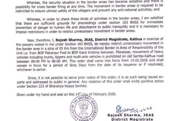 Kathua DM Imposes 60-Day Curbs On Movement Within 5 Km Of IB