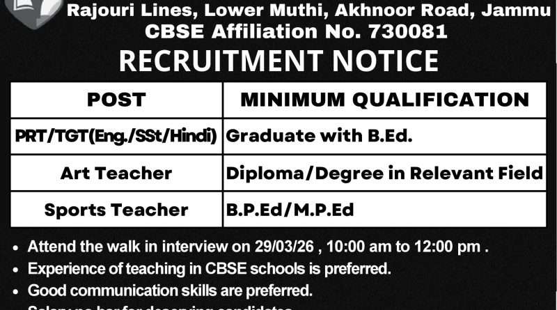 SPRINGDALES SCHOOL JAMMU Recruitment for Various Posts
